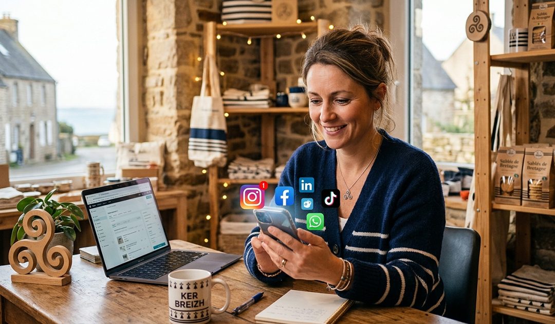 Une entrepreneuse bretonne travaillant sur ses réseaux sociaux