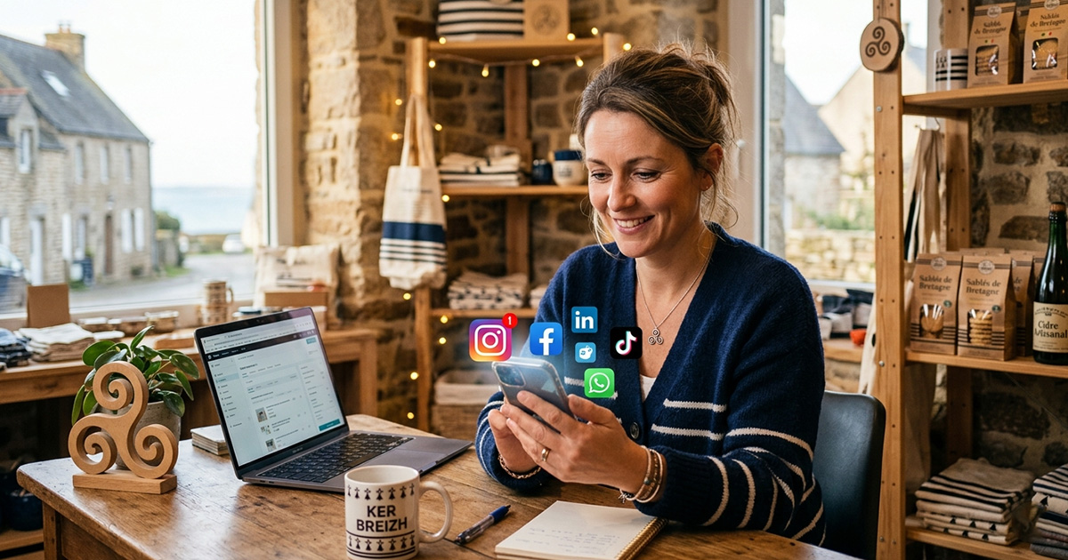 Une entrepreneuse bretonne travaillant sur ses réseaux sociaux